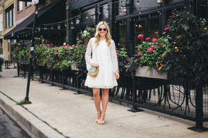 Bows & Sequins wearing a white lace Lilly Pulitzer dress!
