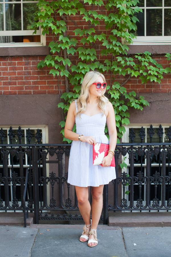 lilly pulitzer seersucker dress, red sunglasses, red tibi clutch, loeffler randall tassel sandals