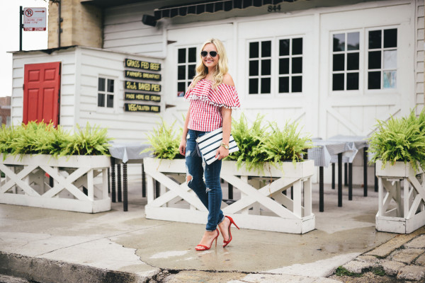 mixed prints - red gingham, navy stripes - cute fourth of july outfit