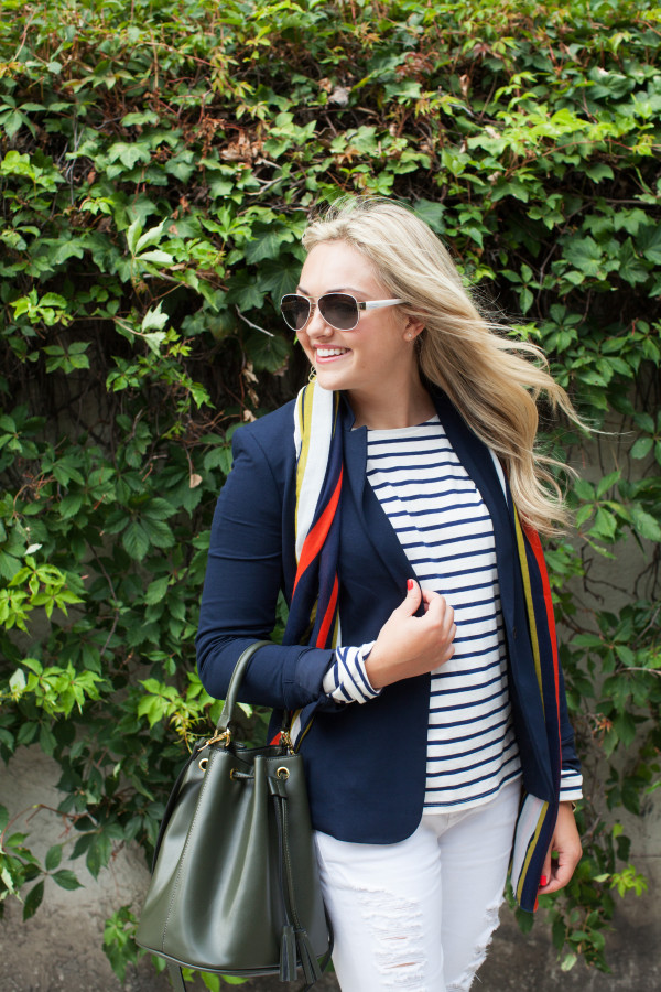 navy blazer, striped tee, green bucket bag, scarf