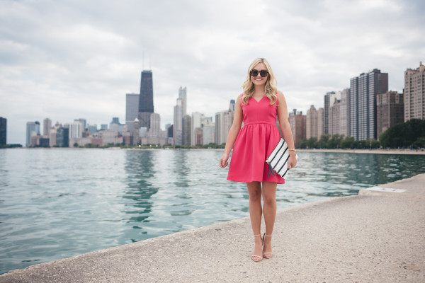 pink dress chicago skyline hancok building gold coast north avenue beach
