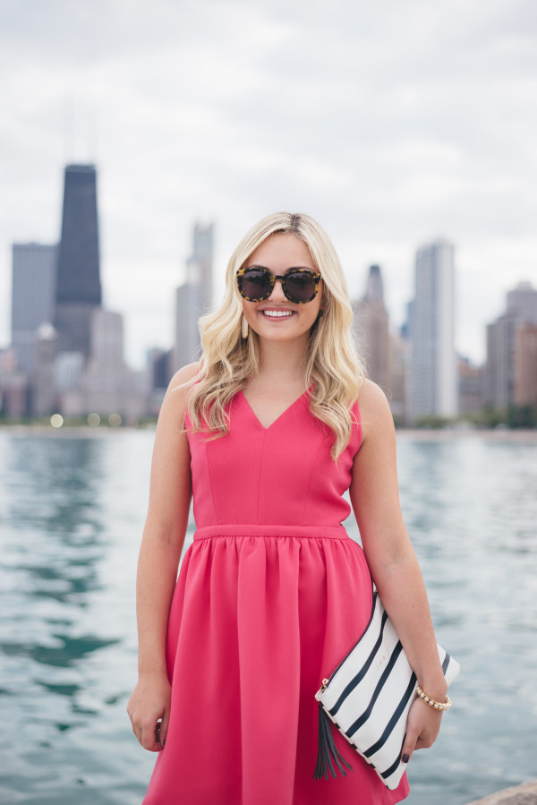 pink dress, kendra scott earrings, tuckernuck clutch