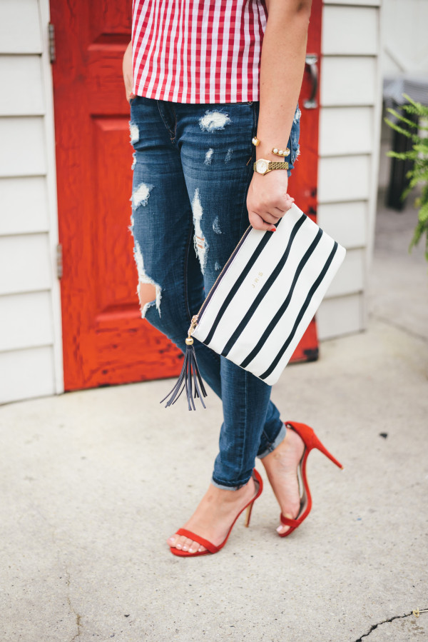 red and white gingham, navy and white stripes