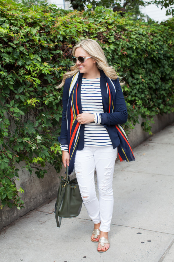 striped tee shirt, destroyed white jeans