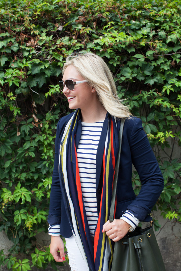 striped tee shirt, navy blazer, preppy striped scarf