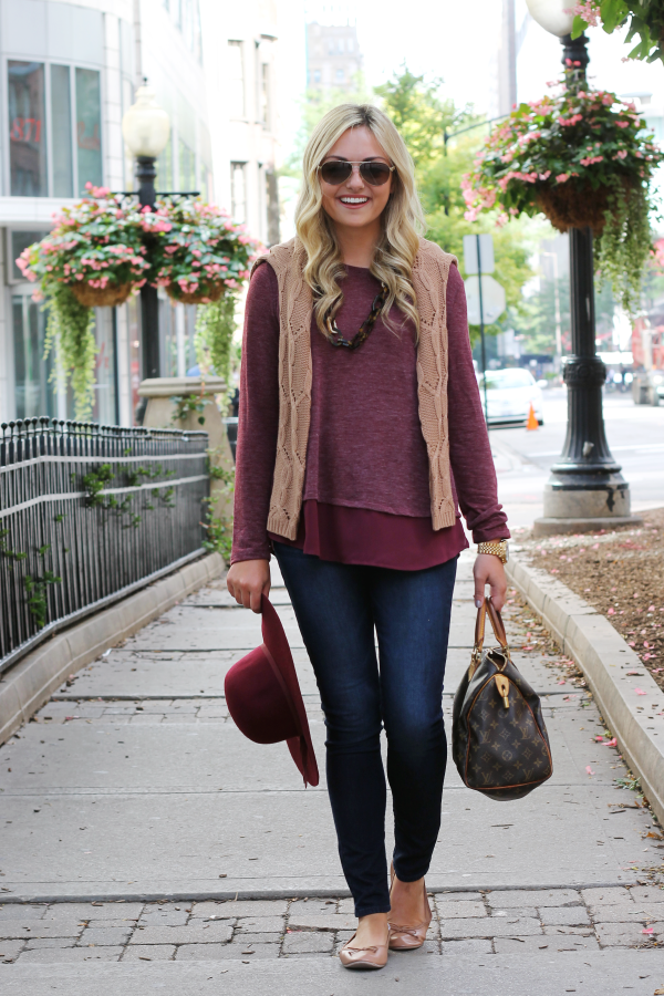 berry-sweater,-camel-cable-knit-sweater,-skinny-jeans,-leather-ballet-flats,-louis-vuitton-speedy,-felt-floppy-hat