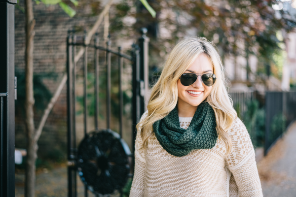 black-rayban-aviator-sunglasses,-green-knit-infinity-scarf,-fair-isle-sweater