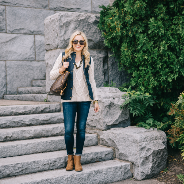 casual fall weekend outfit preppy quilted vest cable knit sweater tortoise shell louis vuitton bag