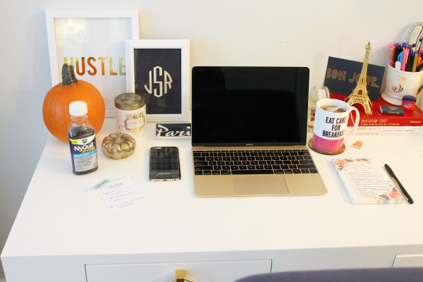gold macbook computer, eat cake for breakfast kate spade mug, hustle gold foil print, monogram print etsy, pumpkin candle, eiffel tower