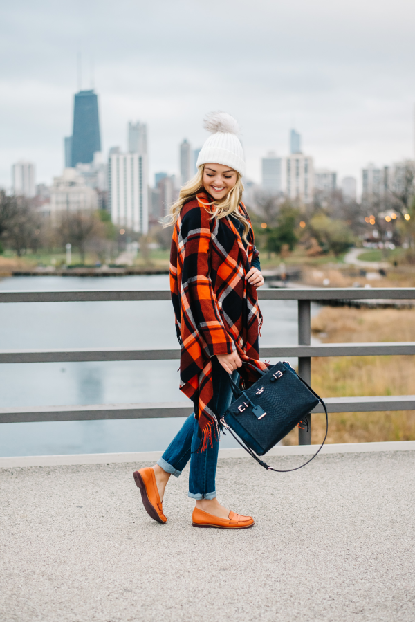 orange and blue plaid poncho blanket scarf