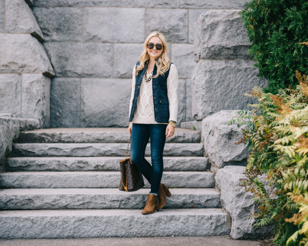 vineyard vines cable knit sweater, j mclaughlin quilted vest, fringe booties