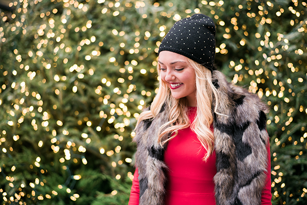 black and gold beanie faux fur red holiday dress