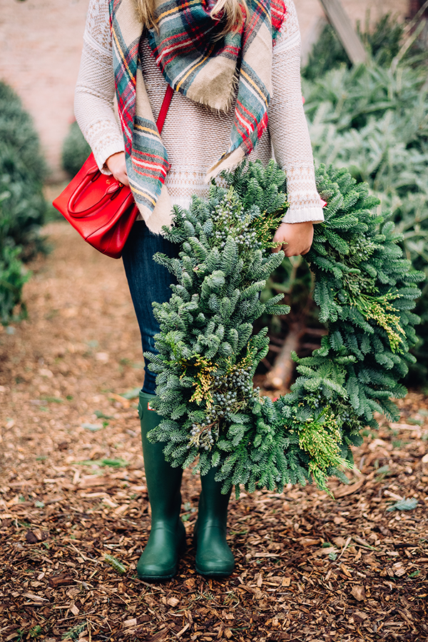 christmas tree farm plaid scarf hunter boots