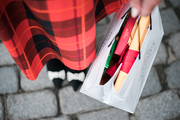 plaid skirt, bow pumps, godiva holiday gifts
