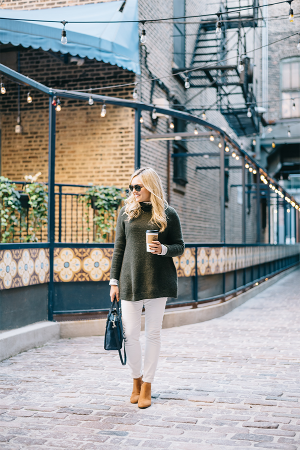 white jeans corduroys fall winter outfit