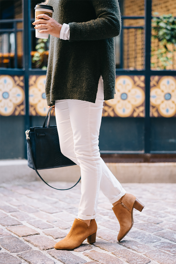 white pants fall winter outfit