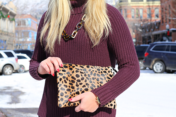 maroon oxblood burgundy turtleneck sweater leopard clutch tortoise link necklace