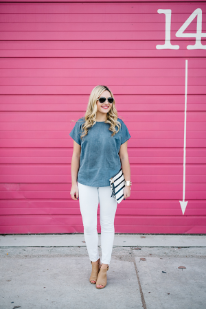 Bows & Sequins wearing a chambray shirt, white jeans, nude heels, and a striped clutch
