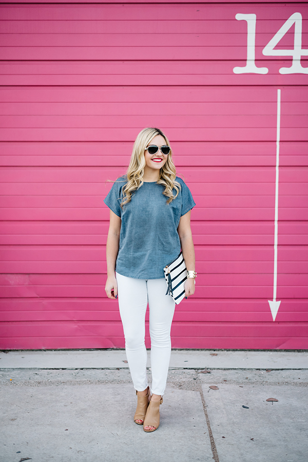 chambray top with white jeans nude pumps