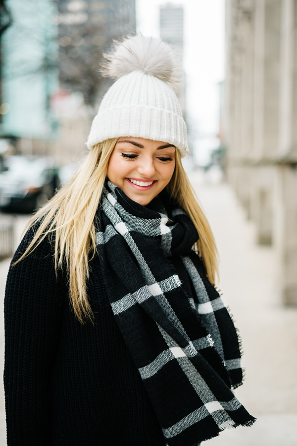 fur pom pom beanie plaid blanket scarf black