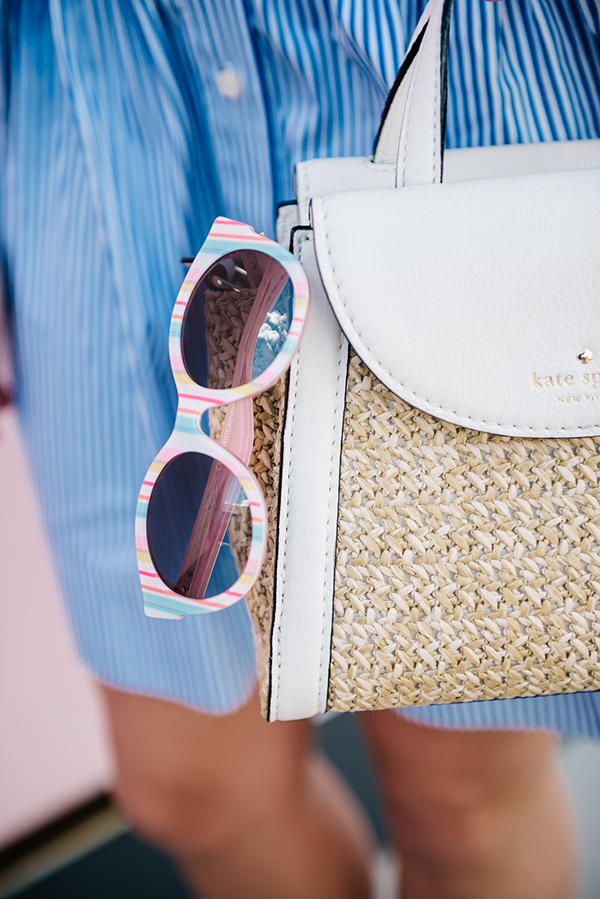 striped sunglasses, straw handbag