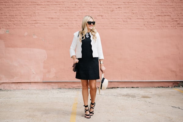 black dress with white blazer