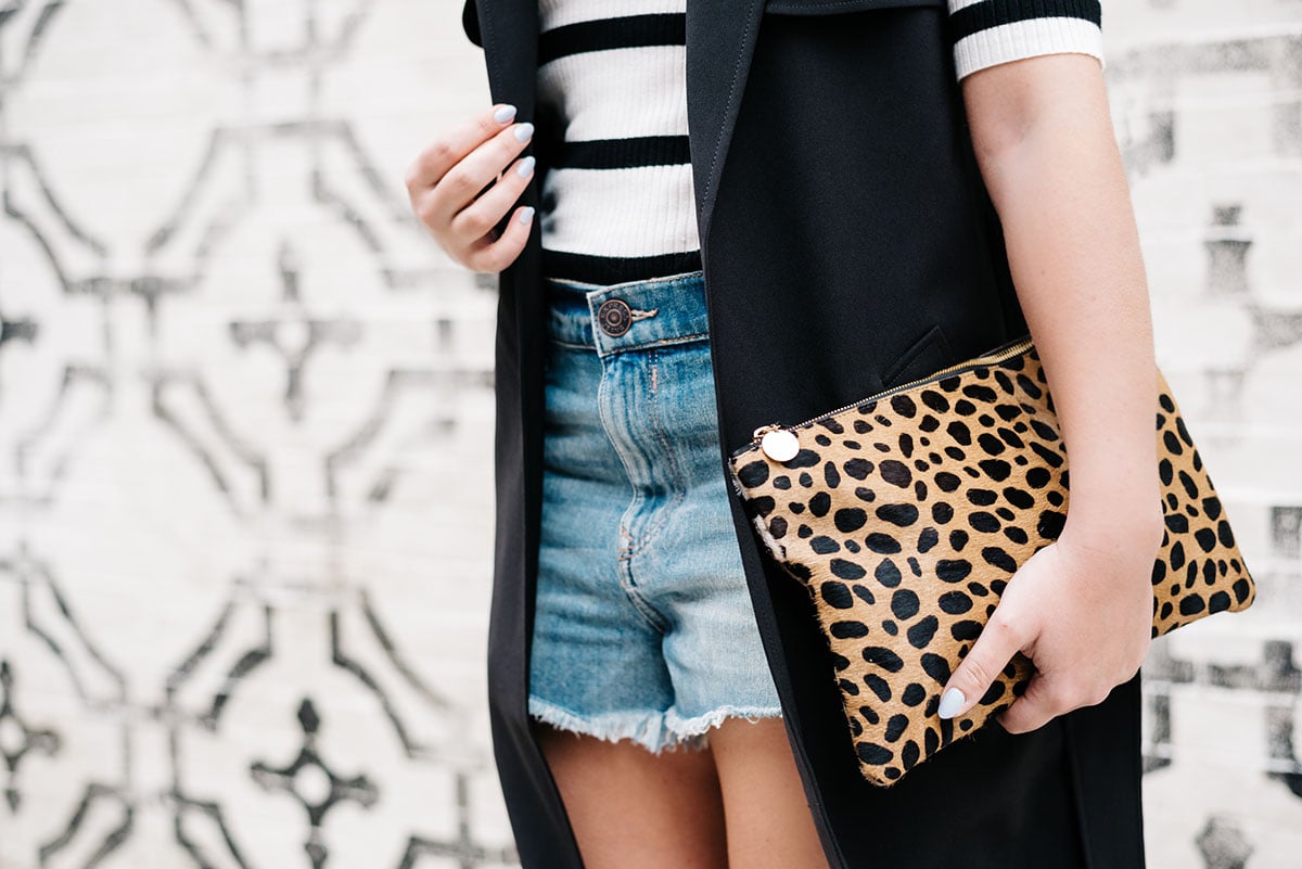 stripes, leopard print clutch clare v, high waisted denim cut off shorts