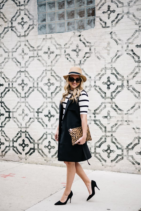 how to wear a long black vest in the summer leopard clutch panama hat