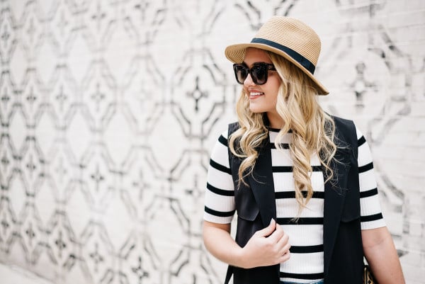 how to wear a panama hat in the summer outfit, striped tee shirt, black vest