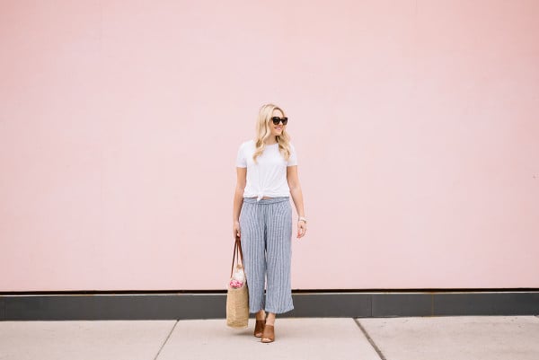 blue and white striped pants, white tee shirt, straw tote, weekend outfit