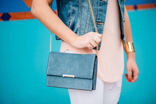 ivanka trump blue suede crossbody bag, old navy round hem tee