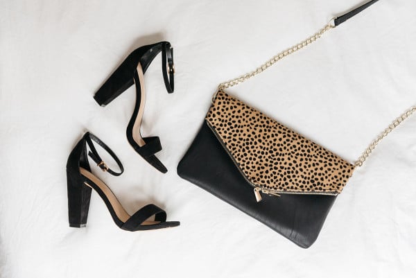 girls night out accessories, black ankle strap block heel pumps, leopard black leather clutch with gold removable strap