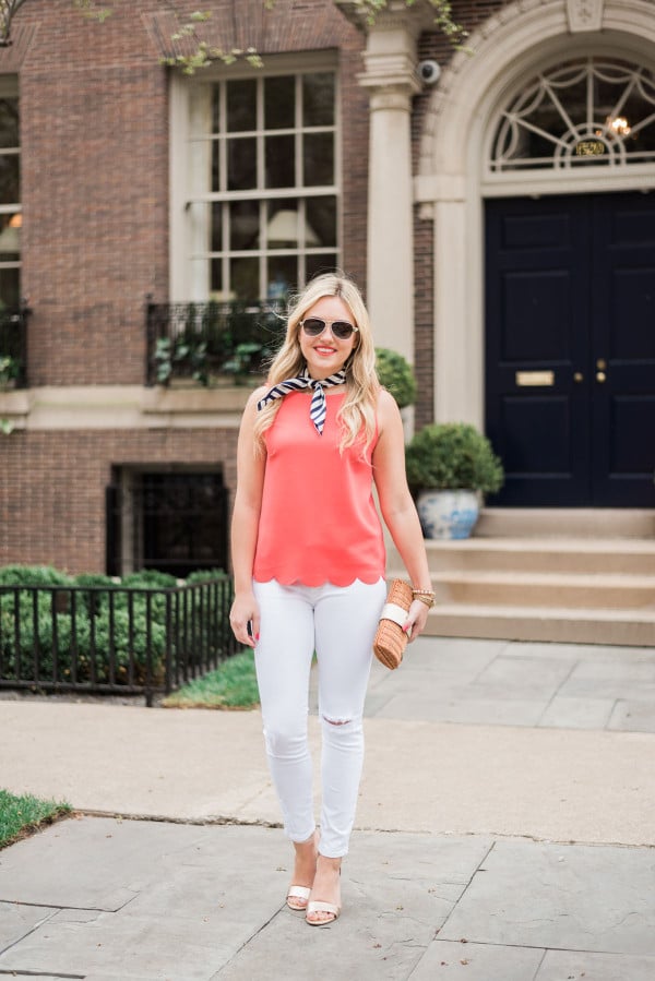 navy and white striped silk scarf, coral scalloped tank top, white jeans, gold lilly pulitzer wedges, wicker clutch