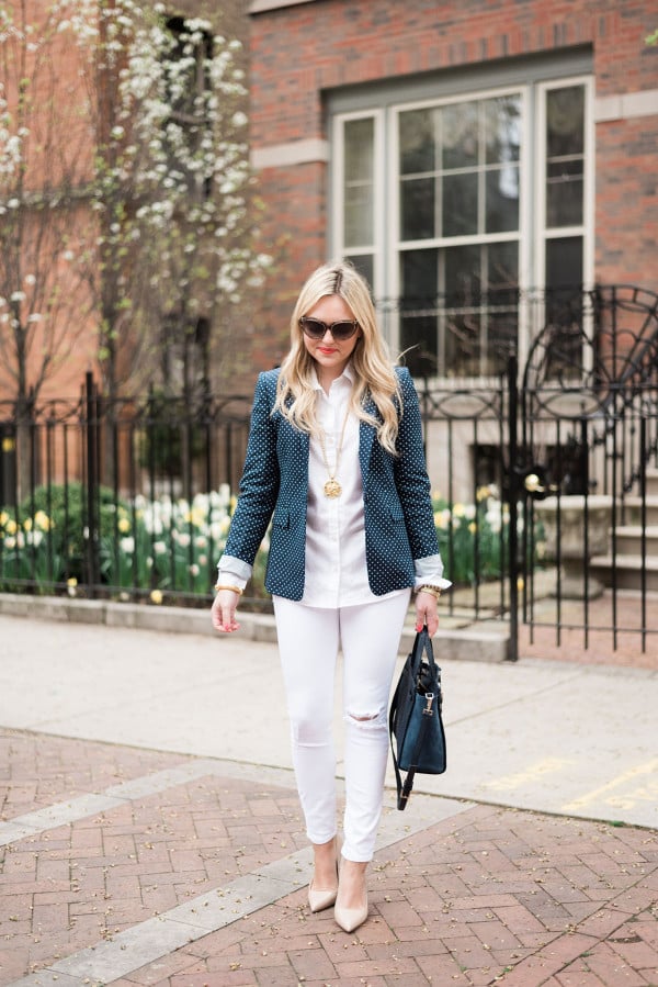 Fashion blogger, Jessica Sturdy of bows & sequins, styling an office-appropriate springtime outfit with white jeans. 