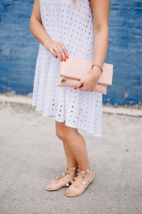 white dress, pom pom sandals