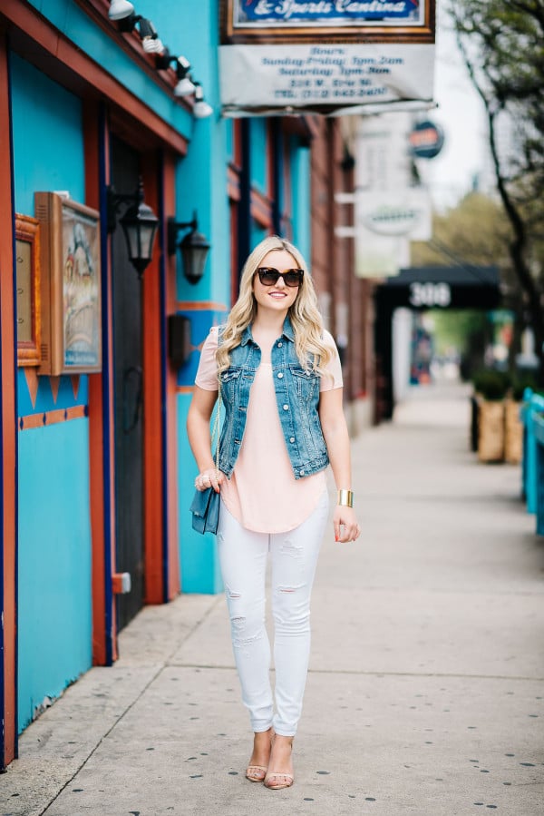 white jeans outfit, denim vest, coral tee shirt, ankle strap sandals