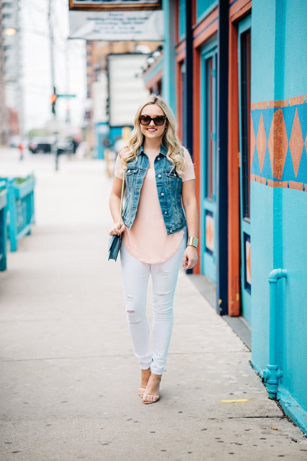 white jeans outfit spring summer, denim vest, coral tee, ankle strap heels