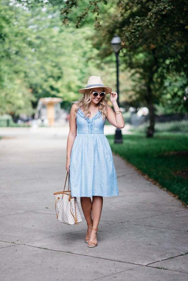 Bows & Sequins wearing a Banana Republic ruffled v-neck dress, Club Monaco straw hat, Louis Vuitton Damier Azur Neverfull Tote, Express cat-eye sunglasses, and Vince Camuto leather espadrille wedges to the Veuve Clicquot Polo Classic in New York.