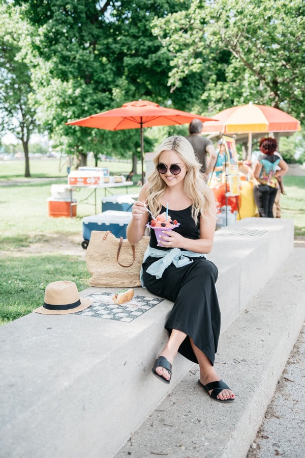 Bows & Sequins at North Avenue Beach in Chicago wearing a black maxi dress and chambray shirt.