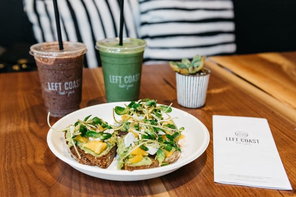Left Coast Food in Chicago is one of @bowsandsequins' favorite spots for healthy eating and working remotely. Pictured here are two of the smoothies and the avocado toast!