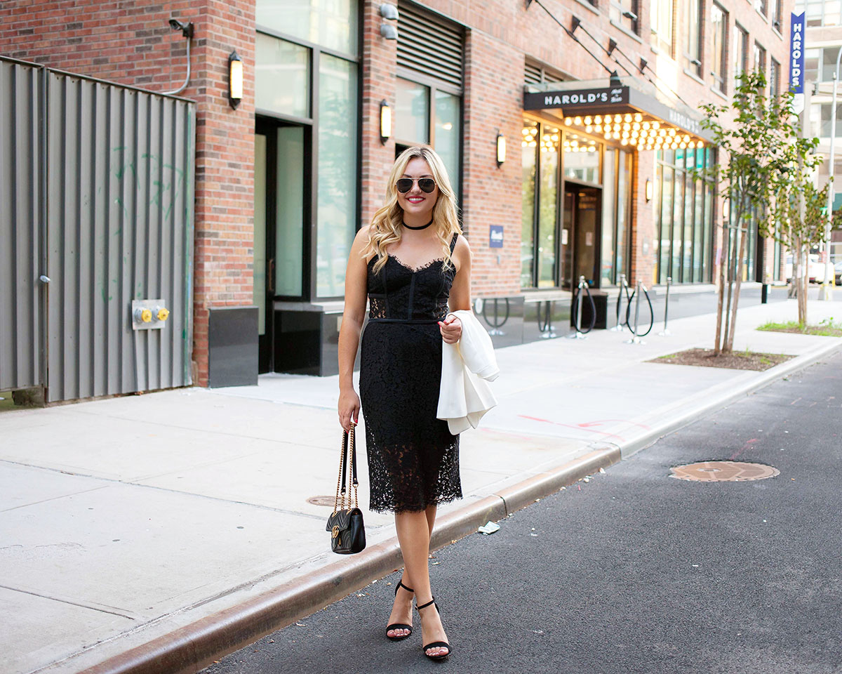 Style blogger Bows & Sequins wearing a little black dress from Express, black Gucci purse, black strap sandal heels, and sunglasses in New York.