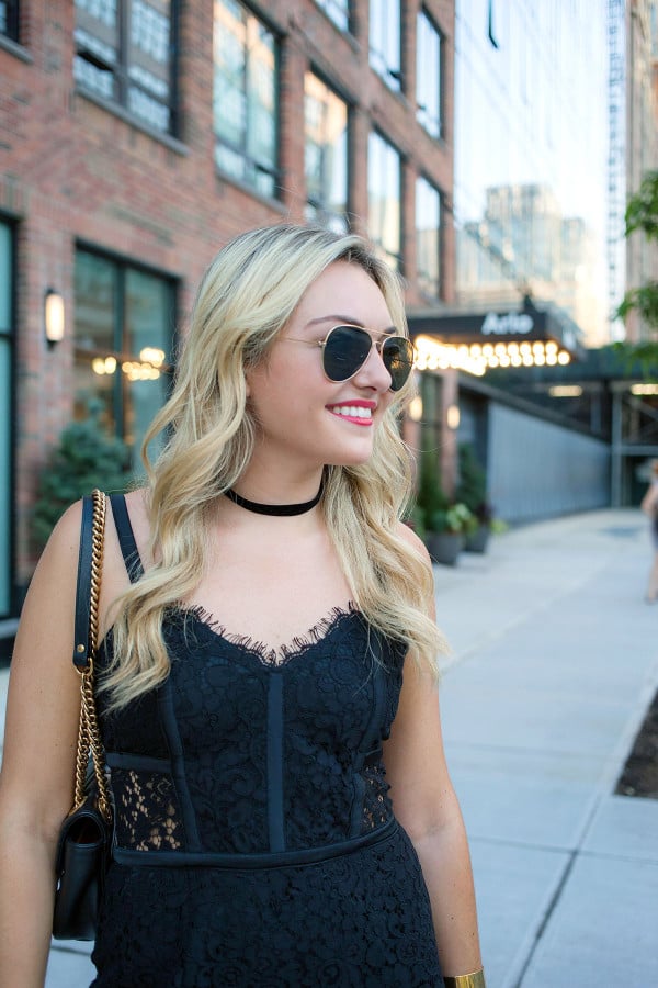 Jessica Sturdy of fashion blog Bows & Sequins styles a little black dress perfect for a special occasion with aviator sunglasses and black chocker necklace in New York.
