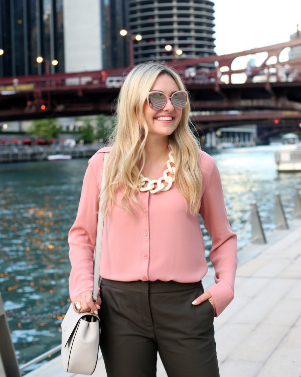 Bows & Sequins showing how pink can be worn throughout the fall with blush pink sunglasses and a rosy pink blouse for work.