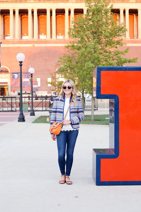 Bows & Sequins styling an outfit that's perfect for a cool college gameday!