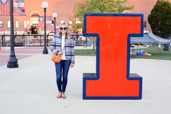 Bows & Sequins styling an outfit that's perfect for a cool college gameday!