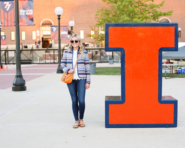Bows & Sequins styling an outfit that's perfect for a cool college gameday! Orange & Blue striped jacket, lace tank, jeans, and a crossbody bag in school colors.