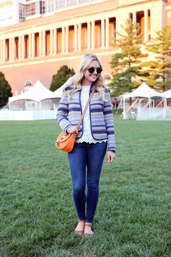 Bows & Sequins styling an outfit that's perfect for a cool college gameday! Orange & Blue striped jacket, lace tank, jeans, and a crossbody bag in school colors.
