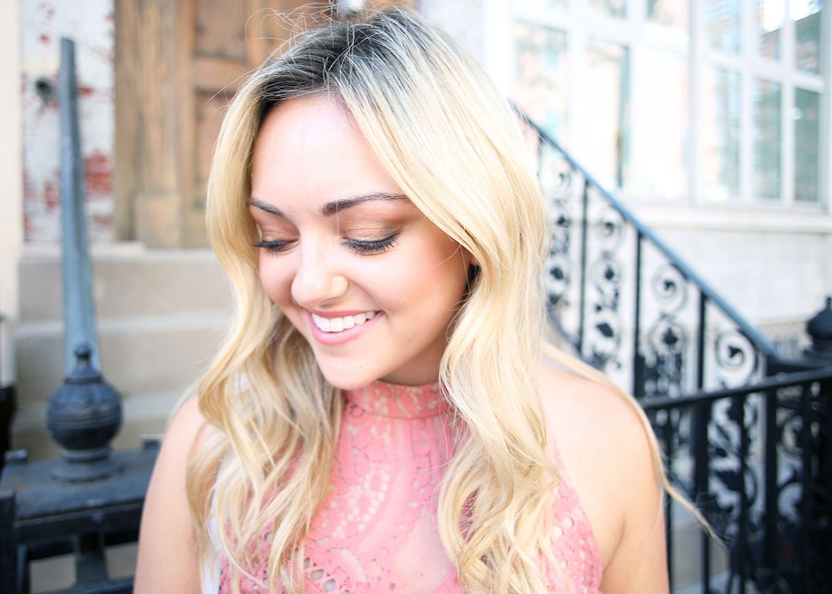 Blogger Bows & Sequins wearing a pink lace dress during NYFW paired with a glammed up everyday beauty look from Mary Kay!