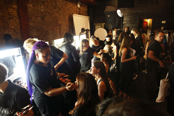 The backstage scene at the spring/summer Tracy Reese presentation during New York Fashion Week with Mary Kay