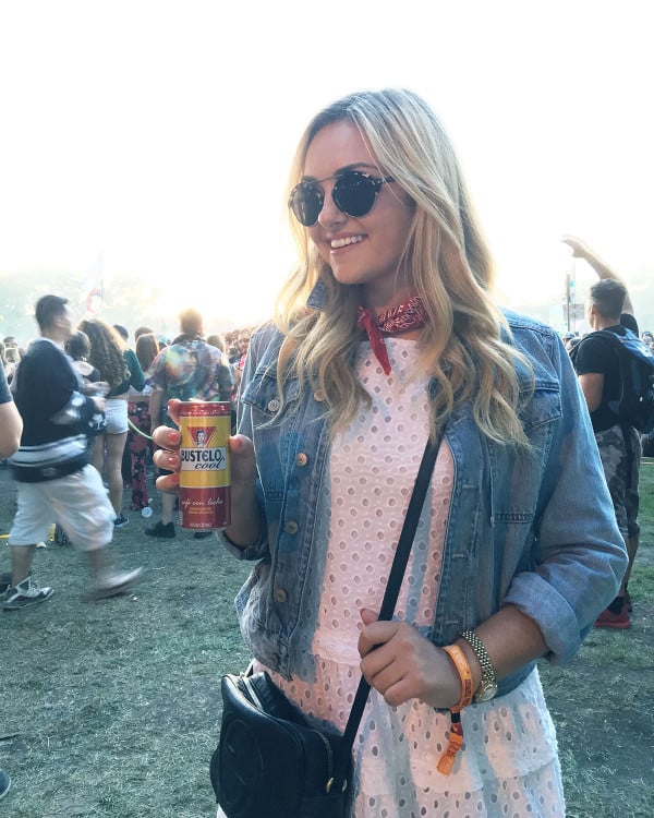 Cute Music Festival Outfit: White Dress, Denim Jacket, and Red Bandana